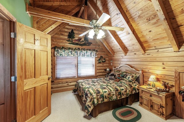 170 N Leath Rd, Portland, TN 37148 - bedroom featuring vaulted ceiling with beams, wooden ceiling, light carpet, log walls, and ceiling fan