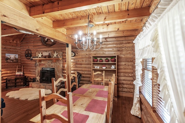 170 N Leath Rd, Portland, TN 37148 - dining area with beam ceiling, a notable chandelier, log walls, wood finished floors, and wood ceiling