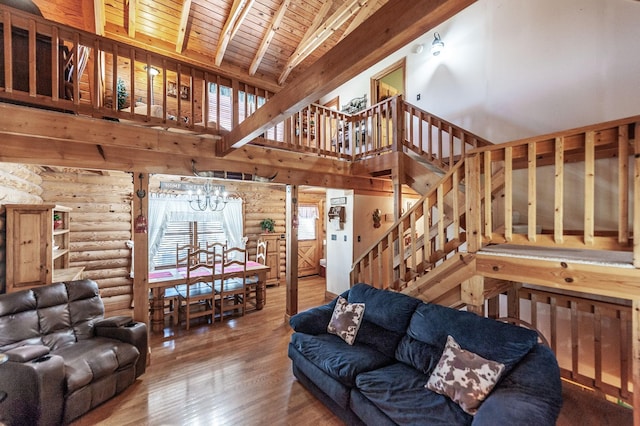 170 N Leath Rd, Portland, TN 37148 - living room featuring an inviting chandelier, log walls, wood finished floors, stairway, and wooden ceiling