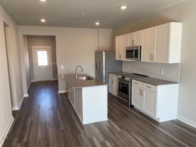 341 Casper Dr, Spring Hill, TN 37174 - kitchen featuring a sink, decorative backsplash, dark wood-style floors, and stainless steel appliances