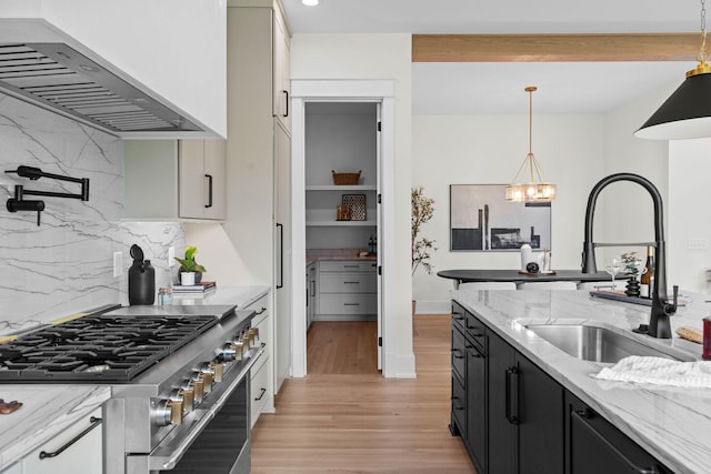 kitchen with stainless steel stove, light wood-type flooring, dark cabinetry, range hood, and a sink