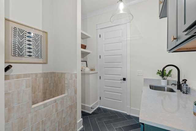 full bathroom with tile patterned flooring, baseboards, and vanity
