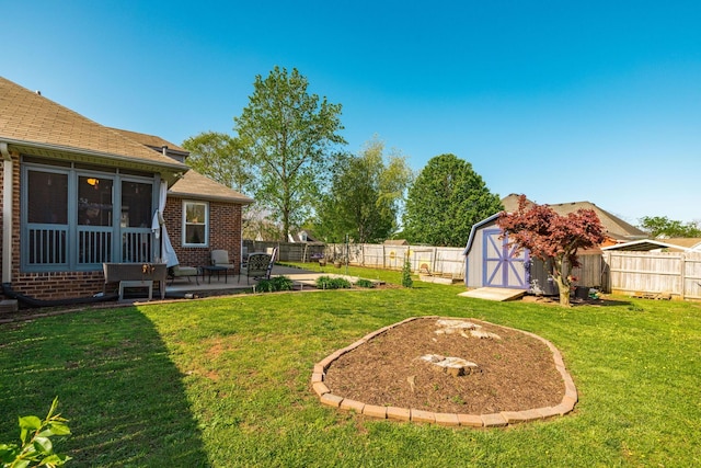 2403 English Hill Dr, Murfreesboro, TN 37130 - view of yard with a sunroom, a storage shed, a patio area, a fenced backyard, and an outdoor structure