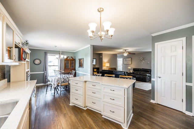 2403 English Hill Dr, Murfreesboro, TN 37130 - kitchen featuring decorative light fixtures, white cabinetry, ceiling fan with notable chandelier, and dark wood finished floors