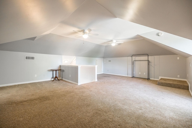2403 English Hill Dr, Murfreesboro, TN 37130 - additional living space with a ceiling fan, visible vents, light carpet, lofted ceiling, and baseboards
