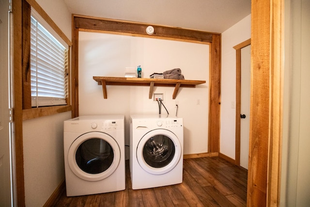 0 Burnt Hill Rd, Unionville, TN 37180 - washroom featuring dark wood finished floors, baseboards, laundry area, and independent washer and dryer