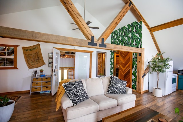 0 Burnt Hill Rd, Unionville, TN 37180 - living area featuring beam ceiling, baseboards, ceiling fan, hardwood / wood-style flooring, and high vaulted ceiling