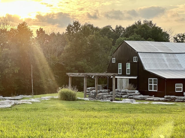 0 Burnt Hill Rd, Unionville, TN 37180 - back of house featuring a gambrel roof, a barn, a pergola, a yard, and metal roof