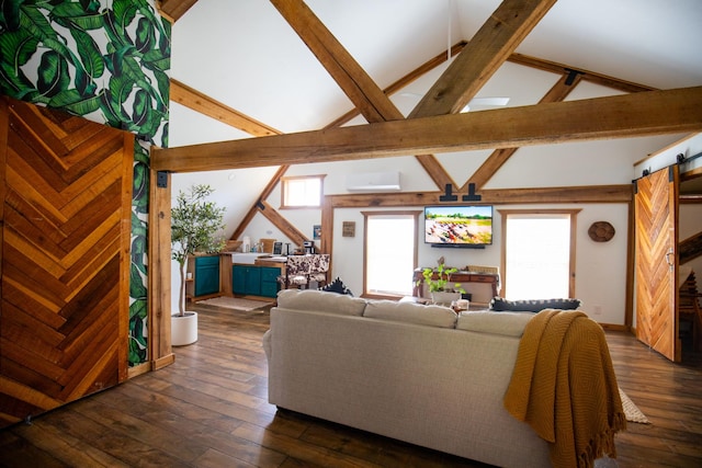 0 Burnt Hill Rd, Unionville, TN 37180 - living area featuring an AC wall unit, lofted ceiling with beams, and dark wood-style floors