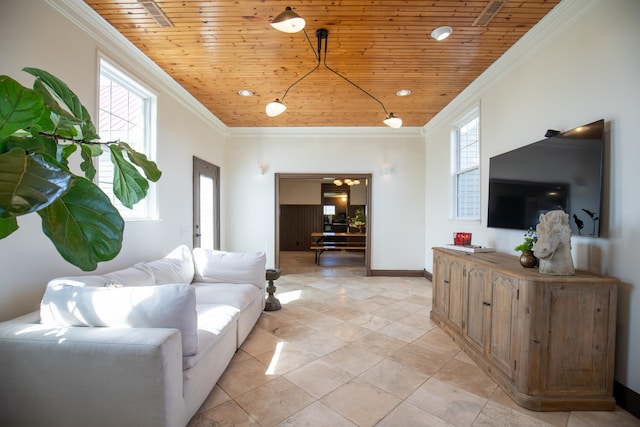 501 Burnt Hill Rd, Unionville, TN 37180 - living room featuring crown molding, baseboards, a chandelier, and wood ceiling