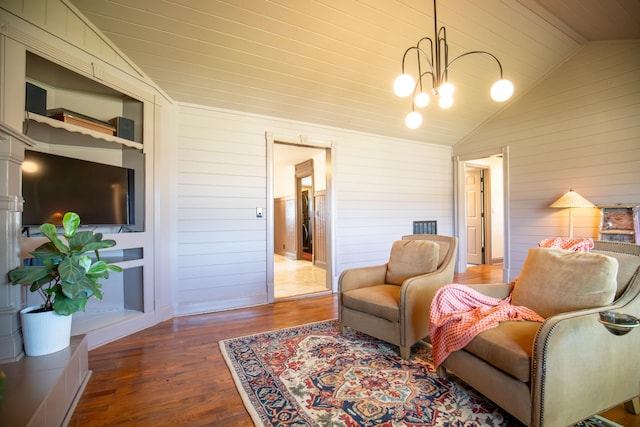 501 Burnt Hill Rd, Unionville, TN 37180 - living room featuring a chandelier, wooden ceiling, wood finished floors, and vaulted ceiling
