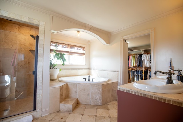 501 Burnt Hill Rd, Unionville, TN 37180 - bathroom with a shower stall, a bath, a sink, and crown molding