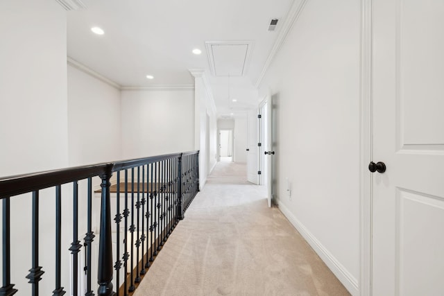 61 Harbor Cove Dr, Old Hickory, TN 37138 - hall with baseboards, crown molding, recessed lighting, attic access, and light colored carpet