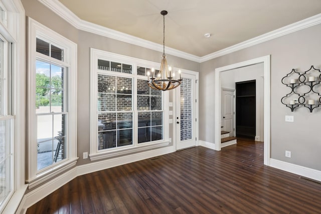 61 Harbor Cove Dr, Old Hickory, TN 37138 - unfurnished dining area featuring dark wood-style flooring, ornamental molding, baseboards, and a chandelier