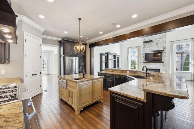 61 Harbor Cove Dr, Old Hickory, TN 37138 - kitchen with a large island, ornamental molding, a warming drawer, stainless steel built in fridge, and a sink