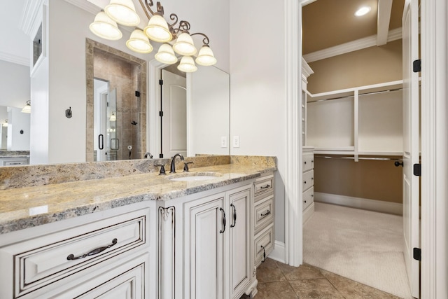 61 Harbor Cove Dr, Old Hickory, TN 37138 - bathroom with vanity, baseboards, tile patterned floors, crown molding, and a shower stall