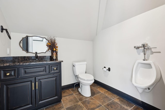 61 Harbor Cove Dr, Old Hickory, TN 37138 - bathroom featuring vanity, baseboards, vaulted ceiling, toilet, and stone finish flooring
