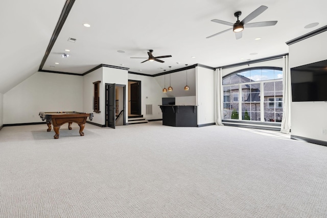 61 Harbor Cove Dr, Old Hickory, TN 37138 - game room featuring light carpet, ceiling fan, baseboards, and billiards