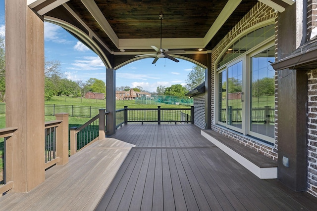 61 Harbor Cove Dr, Old Hickory, TN 37138 - wooden terrace with fence, a ceiling fan, and a lawn