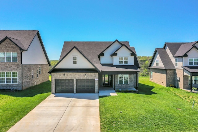 view of front of home with brick siding, a front yard, a shingled roof, and concrete driveway