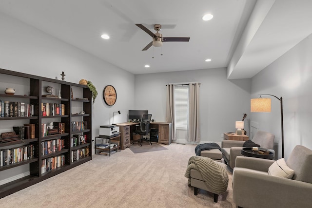 interior space with ceiling fan, recessed lighting, and carpet floors