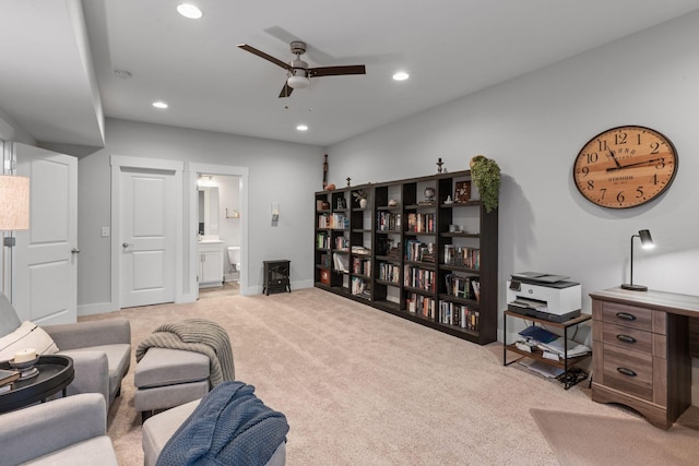 living room with carpet flooring, baseboards, a ceiling fan, and recessed lighting