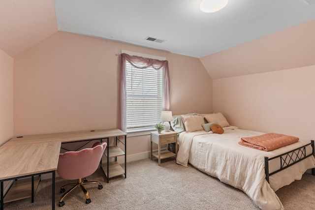 carpeted bedroom with visible vents, baseboards, and vaulted ceiling
