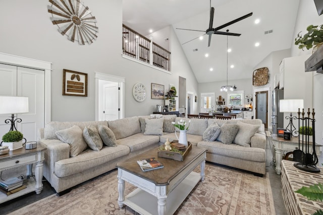 208 Lakeview Dr, Hohenwald, TN 38462 - living room with a ceiling fan, high vaulted ceiling, and recessed lighting