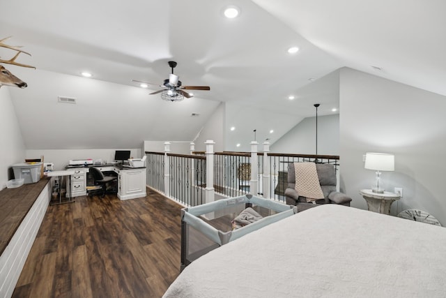 208 Lakeview Dr, Hohenwald, TN 38462 - bedroom with dark wood-style flooring, vaulted ceiling, an office area, and recessed lighting