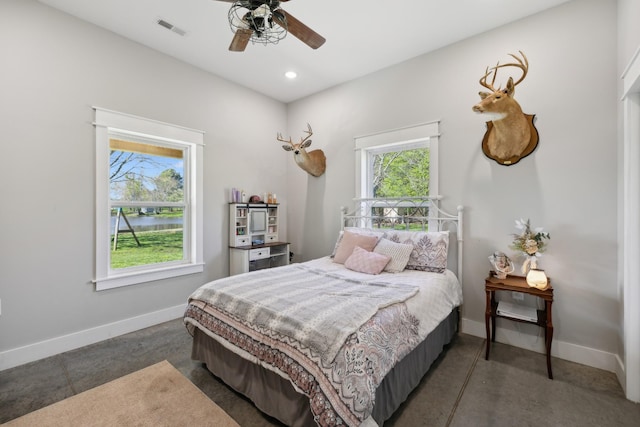 208 Lakeview Dr, Hohenwald, TN 38462 - bedroom featuring baseboards, a water view, recessed lighting, and ceiling fan