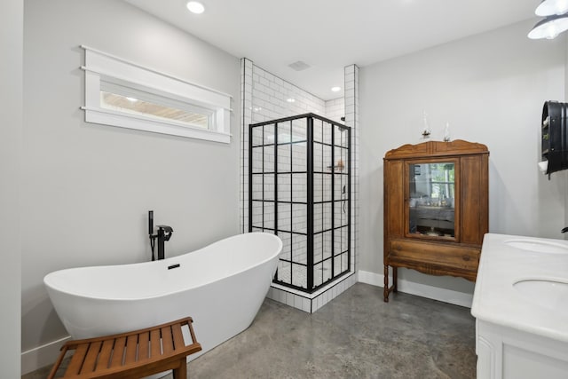 208 Lakeview Dr, Hohenwald, TN 38462 - full bathroom with finished concrete floors, a shower stall, a soaking tub, plenty of natural light, and recessed lighting