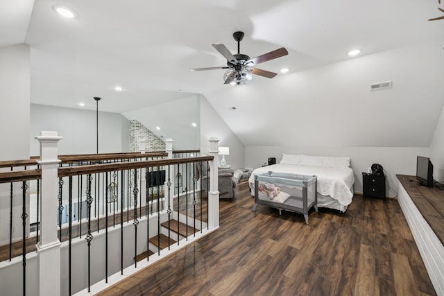 208 Lakeview Dr, Hohenwald, TN 38462 - bedroom featuring lofted ceiling, wood finished floors, and recessed lighting