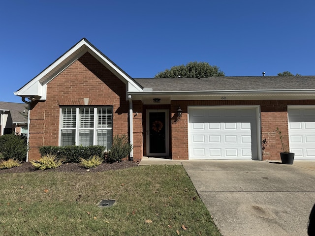 single story home featuring concrete driveway, roof with shingles, and brick siding