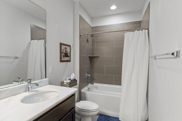bathroom with toilet, vanity, and shower / bath combination with curtain