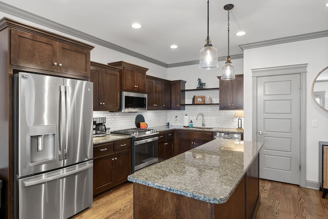 kitchen with crown molding, dark brown cabinetry, open shelves, stainless steel appliances, and backsplash