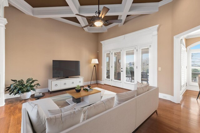 763 Plantation Way, Gallatin, TN 37066 - living room featuring baseboards, french doors, a ceiling fan, coffered ceiling, and wood finished floors