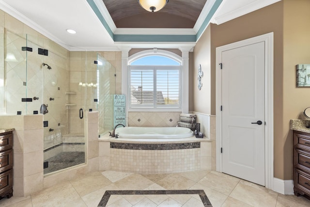 763 Plantation Way, Gallatin, TN 37066 - bathroom with a garden tub, vanity, ornamental molding, recessed lighting, and a stall shower