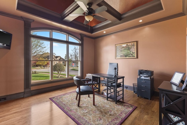763 Plantation Way, Gallatin, TN 37066 - home office featuring coffered ceiling, crown molding, and a ceiling fan