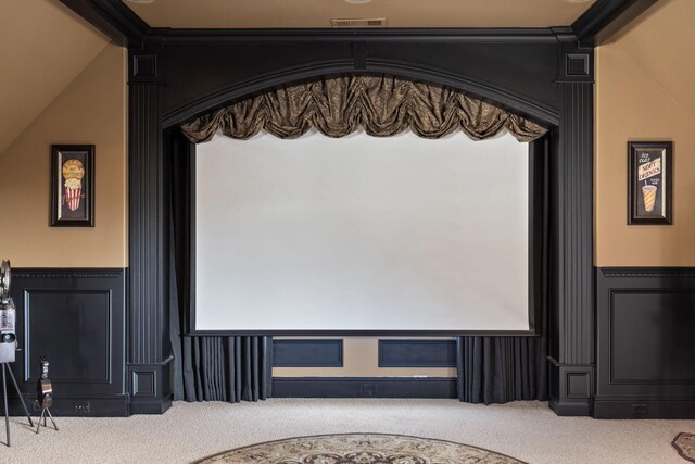 763 Plantation Way, Gallatin, TN 37066 - cinema room featuring ornamental molding, vaulted ceiling, carpet, and wainscoting
