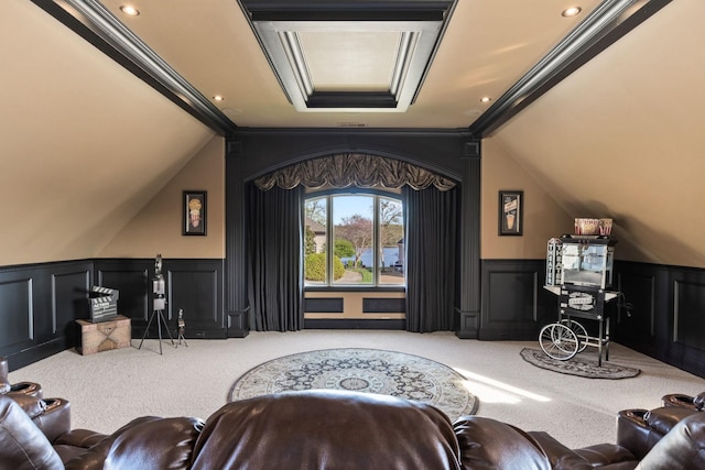 763 Plantation Way, Gallatin, TN 37066 - living area featuring crown molding, a wainscoted wall, carpet flooring, and lofted ceiling with beams