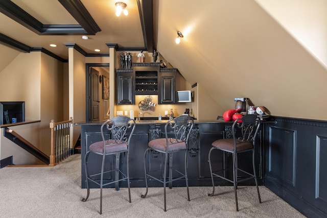 763 Plantation Way, Gallatin, TN 37066 - carpeted cinema featuring crown molding, wet bar, vaulted ceiling with beams, and recessed lighting
