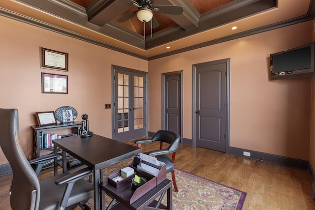 763 Plantation Way, Gallatin, TN 37066 - office space with ornamental molding, coffered ceiling, french doors, ceiling fan, and wood finished floors