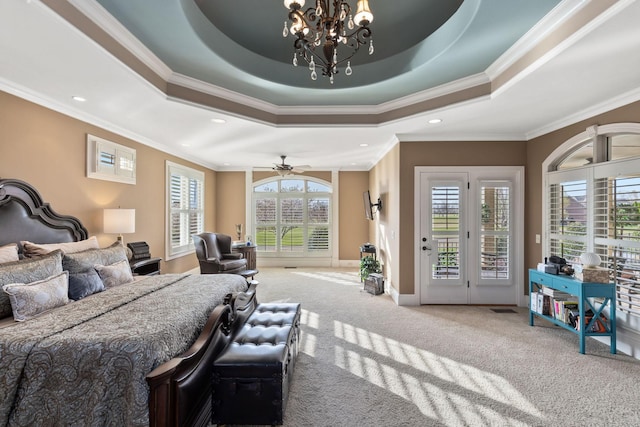 763 Plantation Way, Gallatin, TN 37066 - bedroom with baseboards, a raised ceiling, a notable chandelier, carpet floors, and access to outside