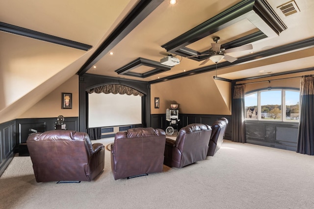 763 Plantation Way, Gallatin, TN 37066 - carpeted cinema room with crown molding, a decorative wall, a ceiling fan, visible vents, and a wainscoted wall