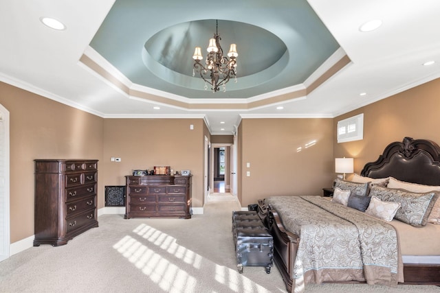 763 Plantation Way, Gallatin, TN 37066 - bedroom with a tray ceiling, a notable chandelier, ornamental molding, and carpet floors
