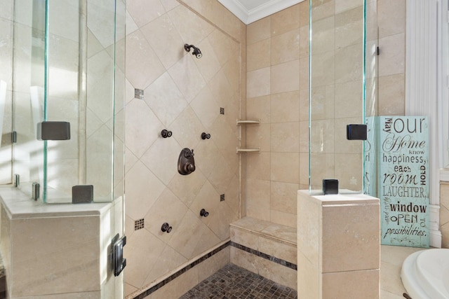 763 Plantation Way, Gallatin, TN 37066 - bathroom with a shower stall and ornamental molding