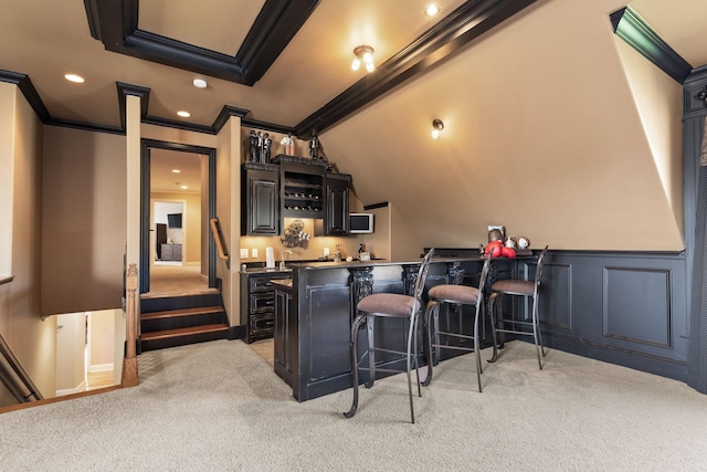 763 Plantation Way, Gallatin, TN 37066 - bar with wet bar, light colored carpet, ornamental molding, recessed lighting, and vaulted ceiling with beams