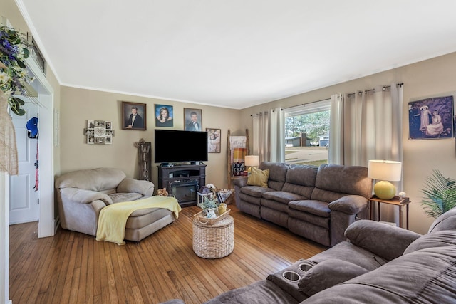 living room featuring ornamental molding and hardwood / wood-style flooring