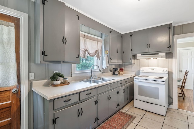 kitchen with white range with electric stovetop, a sink, under cabinet range hood, crown molding, and gray cabinetry