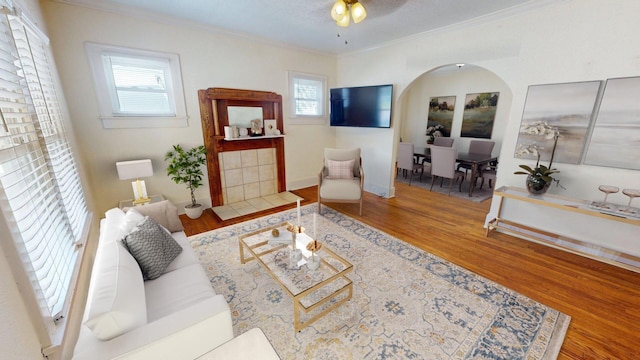 living room featuring wood finished floors, arched walkways, and crown molding